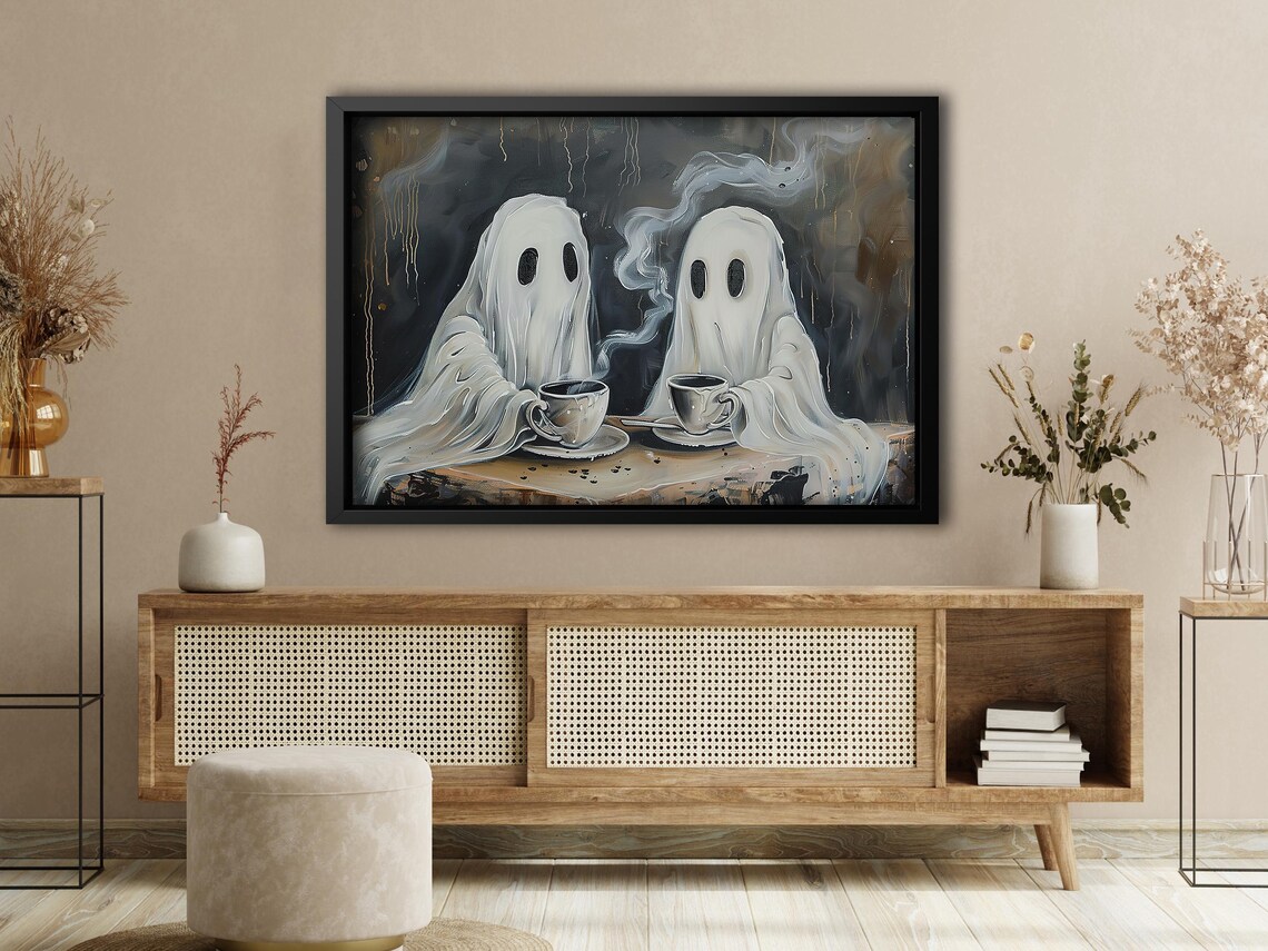 Two Cute Ghosts Drinking Tea Dark Moody Halloween Spooky Painting Poster - Image 4