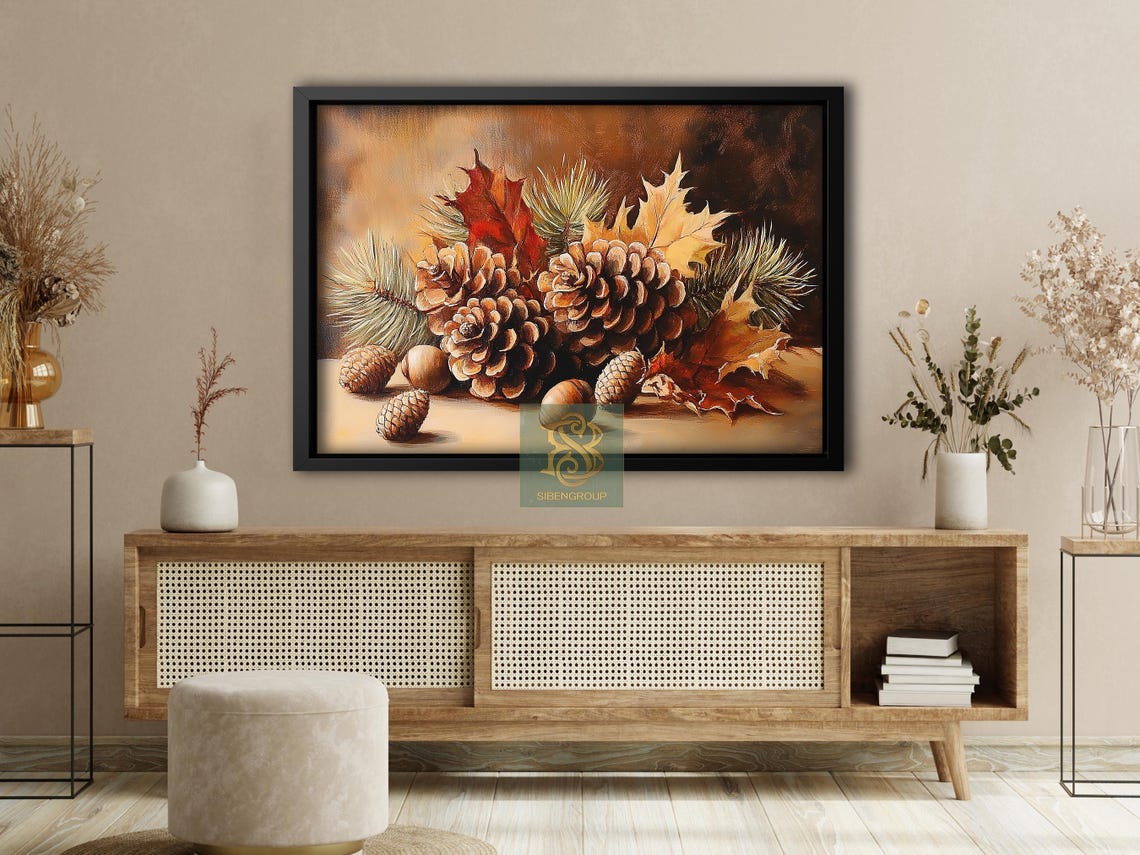 Pinecone And Acorn Still Life With Autumn Maple Leaves Rustic Print - Image 4