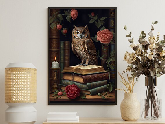 Owl Reading Open Book Candle Roses Dark Bookshelf Night Scene Poster