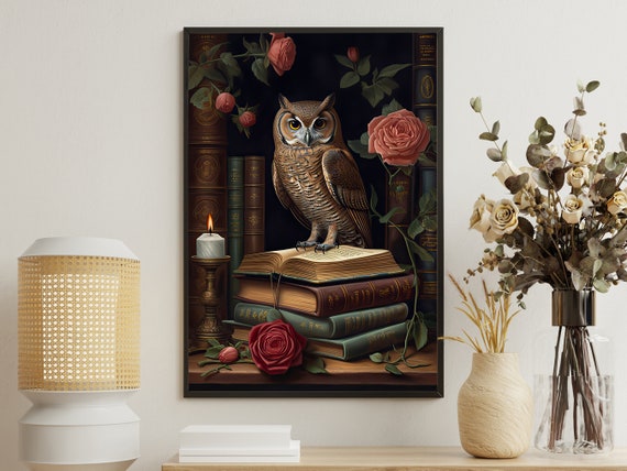 Vintage Owl Painting Retro Owl Art Print Owl Print Gothic Art Print Dark Academia Art Floral Owl Poster Owl Library Wall Decor