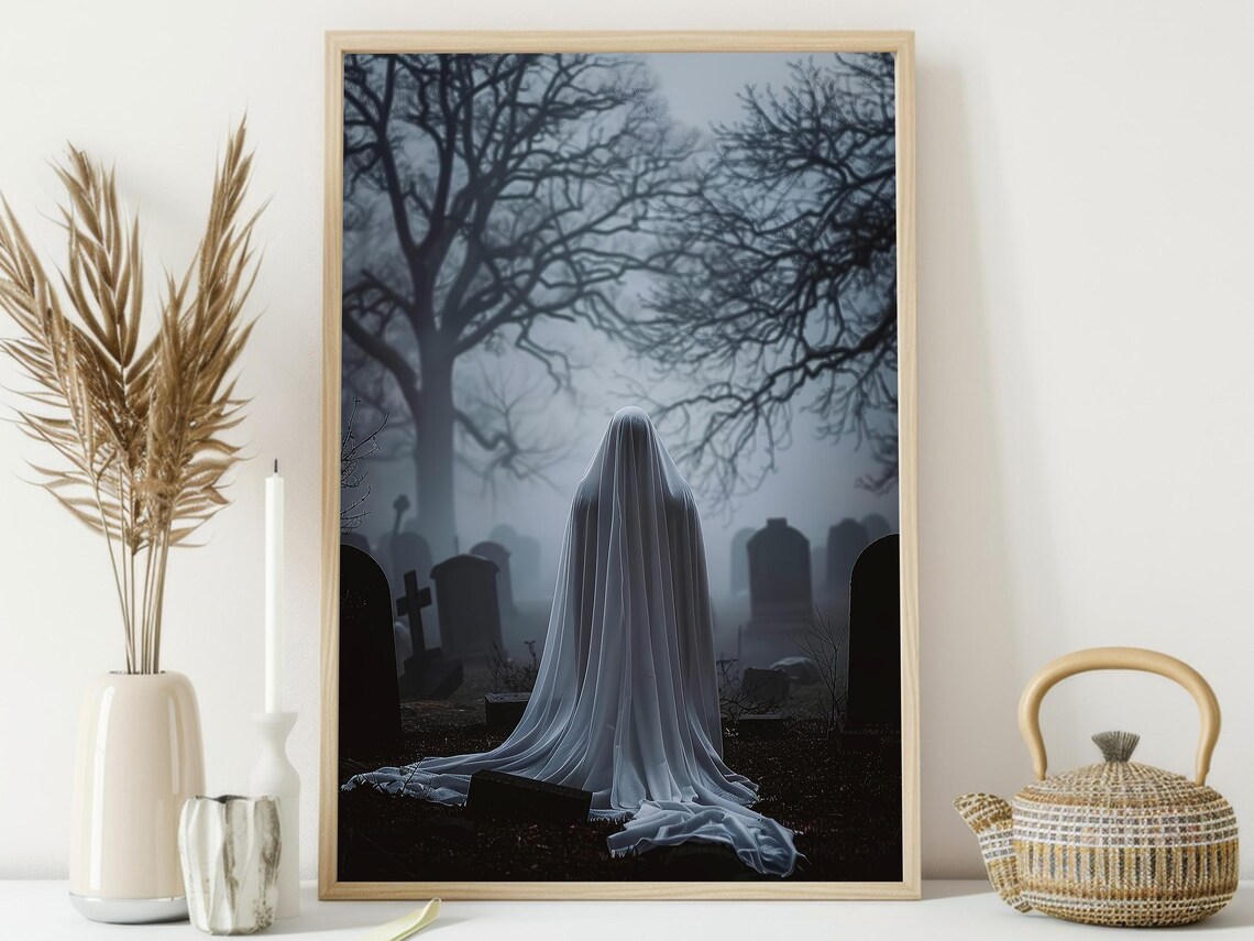 Veiled Ghost in Misty Cemetery Among Tombstones Bare Trees Spooky Poster - Image 4