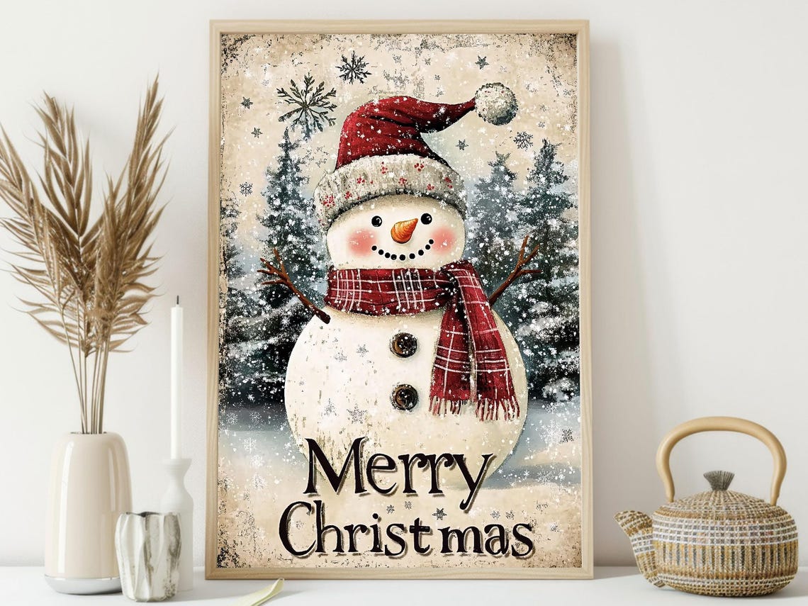Smiling Snowman With Red Hat Plaid Scarf Merry Christmas Sign Poster - Image 4