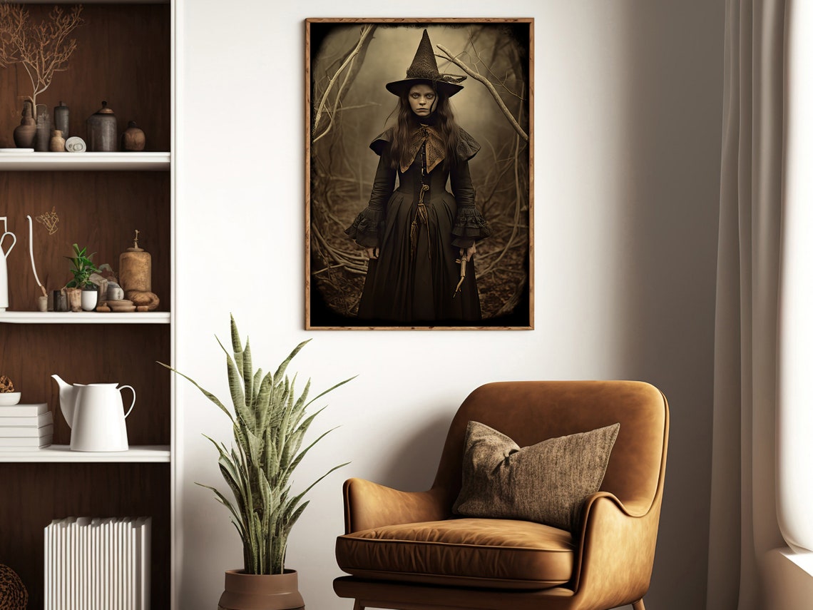 Young Witch Portrait In Dark Forest Vintage Style Spooky Art Print - Image 2