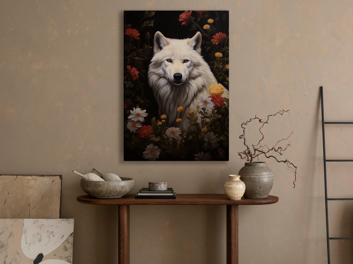 White Wolf Wildflowers Dark Background Vintage Animal Oil Painting Print - Image 4