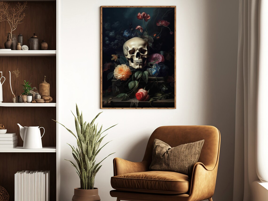 Vanitas Skull With Peonies Roses Dark Floral Vintage Baroque Still Life Poster - Image 2
