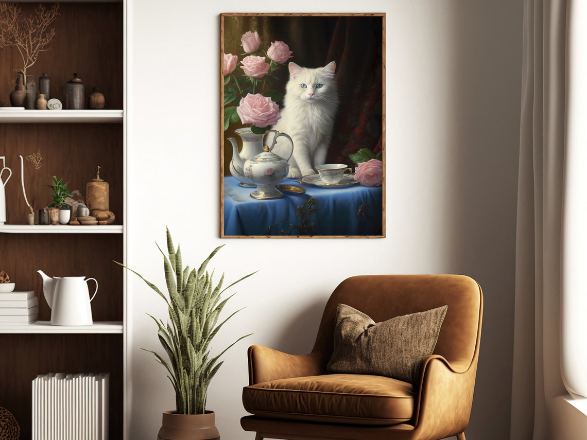 White Cat with Tea Set and Pink Roses Elegant Classic Cat Art Poster - Image 3