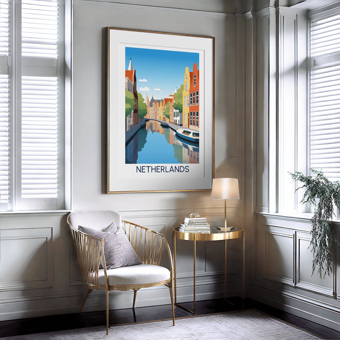 Netherlands Canal Bridge Gabled Houses Travel Illustration Poster - Image 2