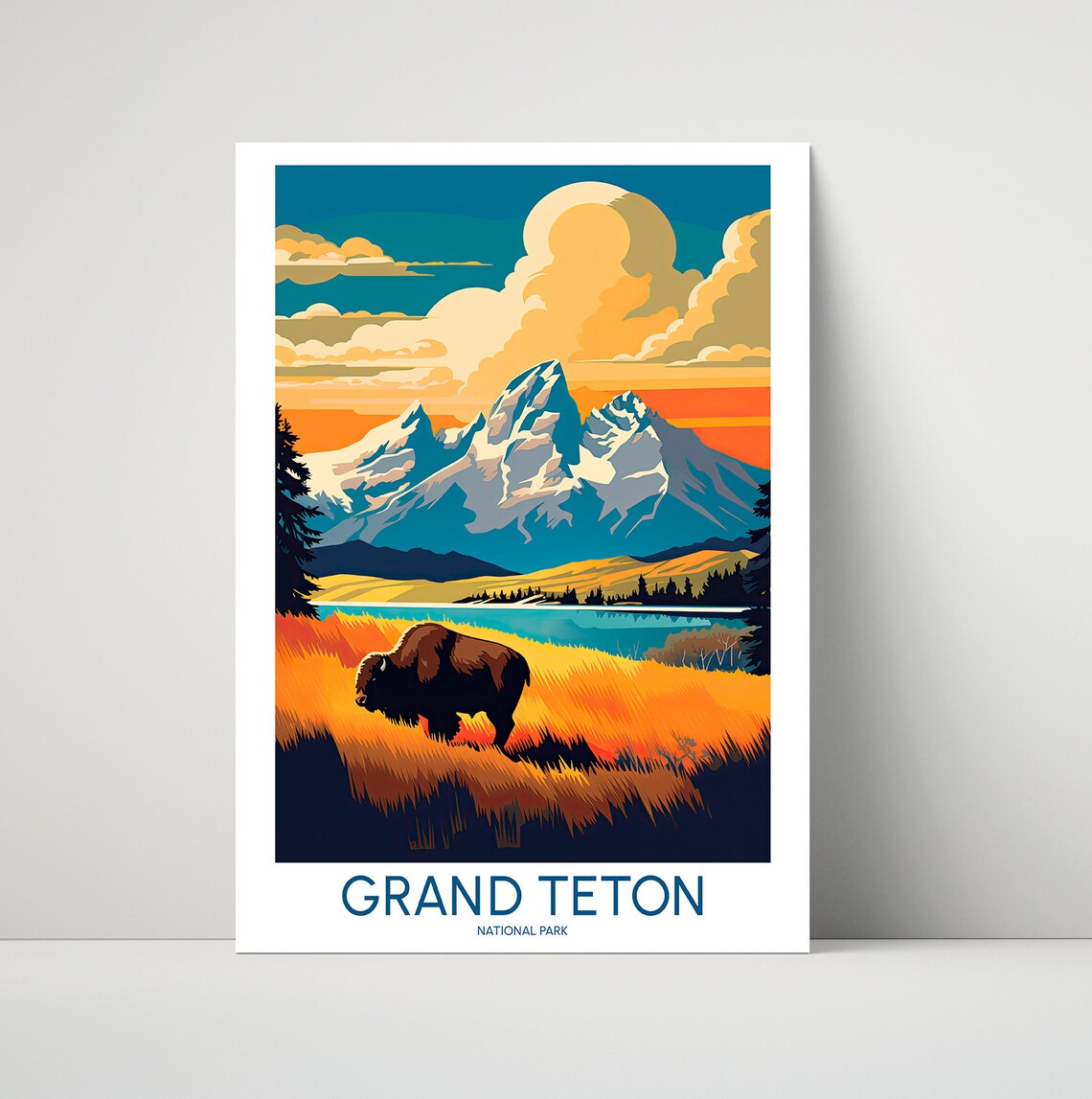 Grand Teton National Park Bison Wildflowers Peaks Vintage Travel Poster
