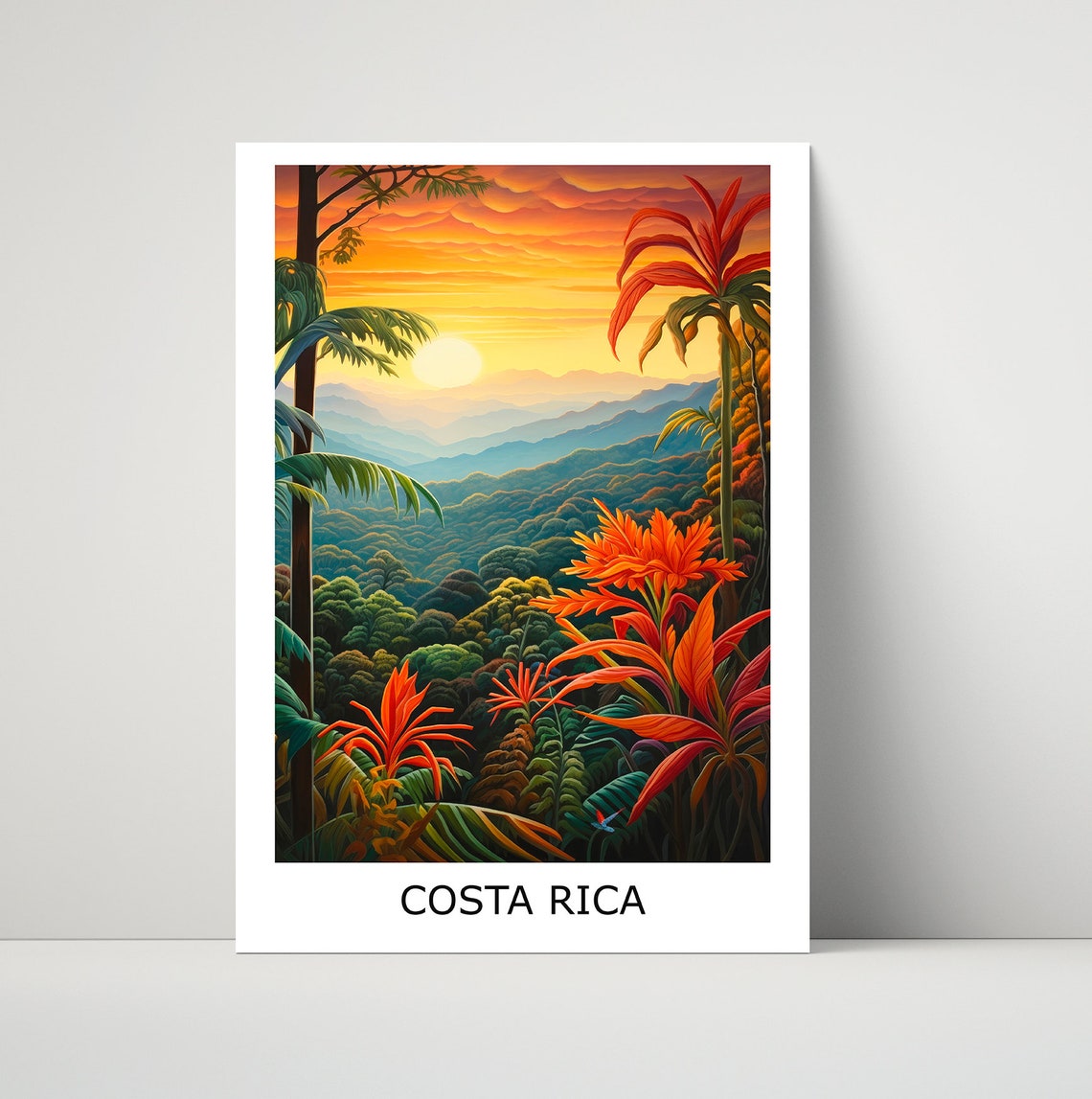 Costa Rica Tropical Jungle Sunset Palm Trees Colorful Art Poster