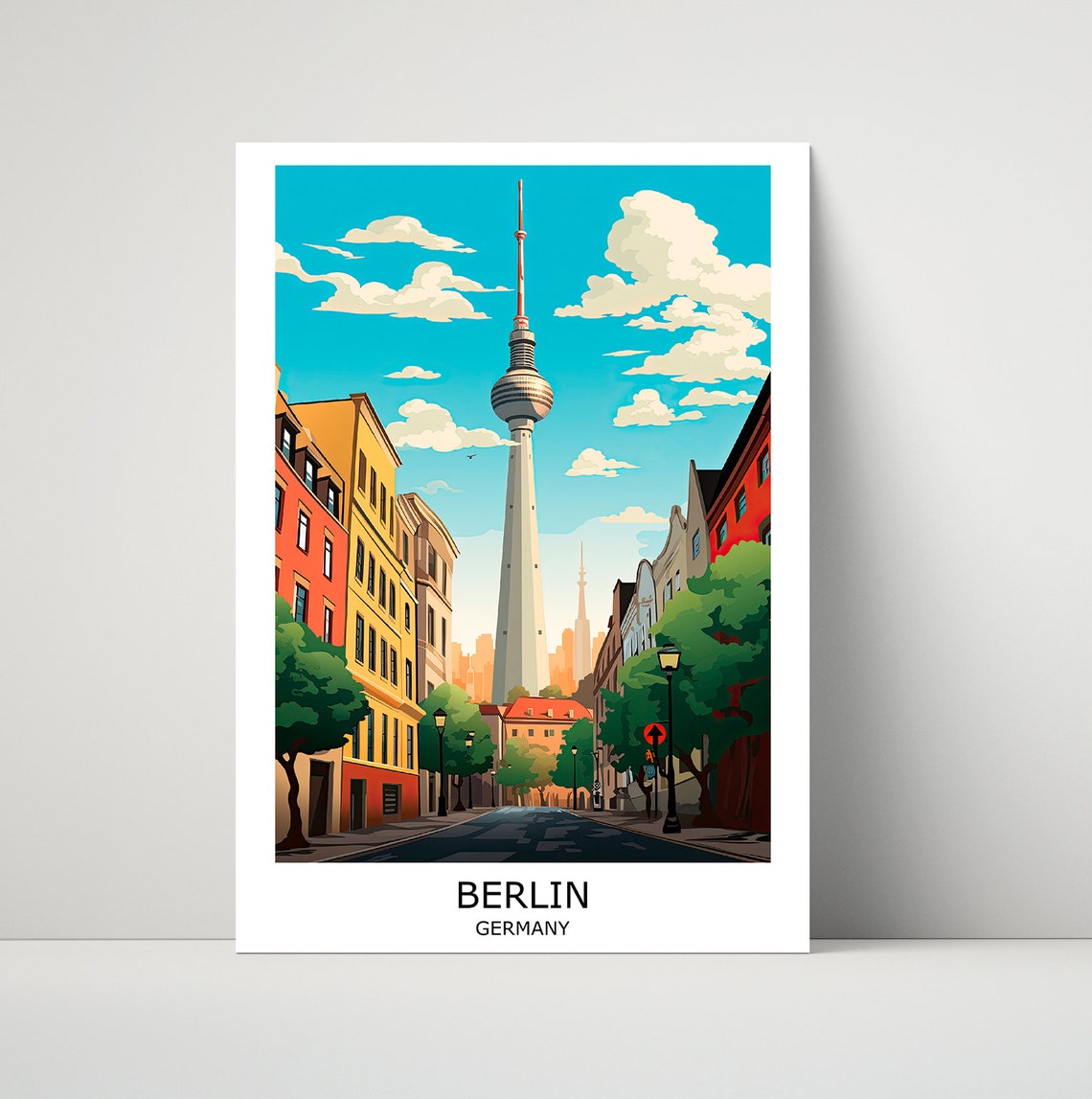Berlin Germany Television Tower Street Retro Illustration Art Poster