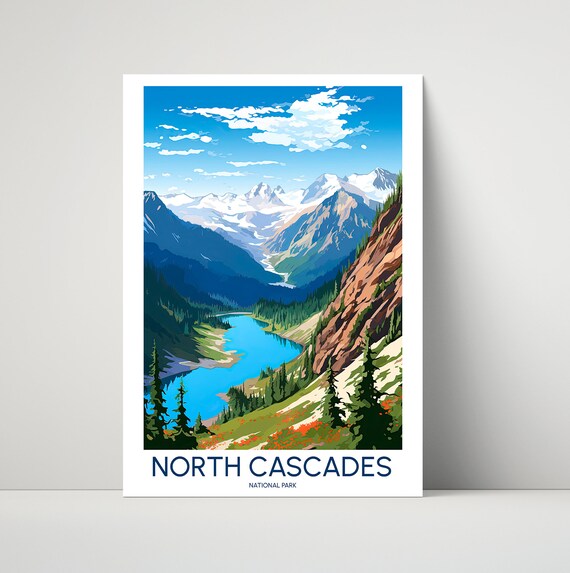 North Cascades National Park Alpine Lake Snowy Peaks Vintage Poster