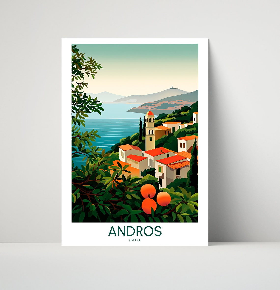 Andros Greece Hillside Village Orange Trees Illustrated Travel Poster