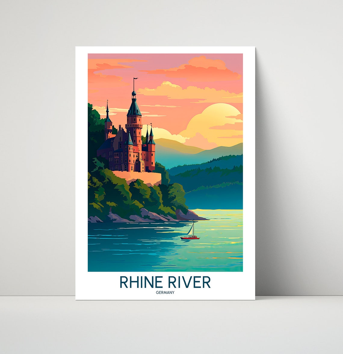 Rhine River Germany Castle Sunset Sailboat Illustration Poster