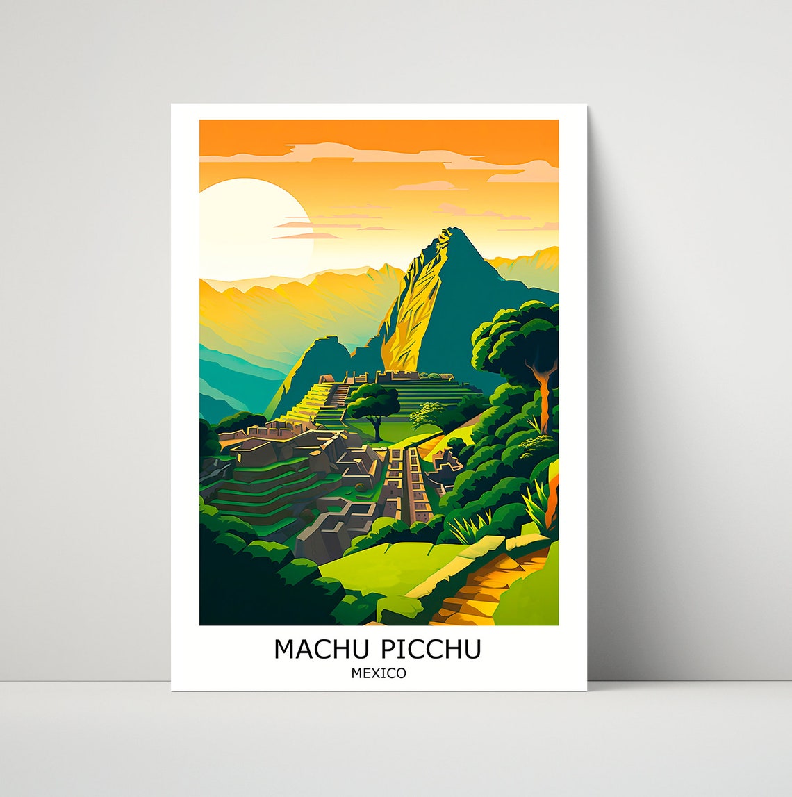 Machu Picchu Incan Ruins Golden Sunset Travel Illustration Art Poster