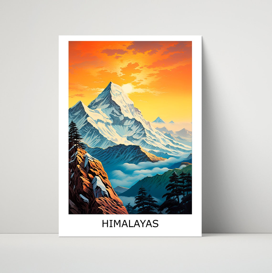 Himalayas Snow Capped Peaks Sunset Mountain Illustration Poster