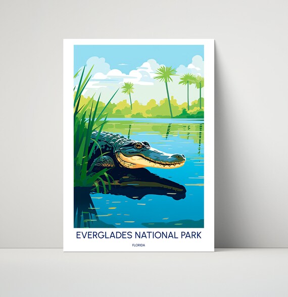 Everglades National Park Florida Alligator Wetland Illustrated Travel Poster