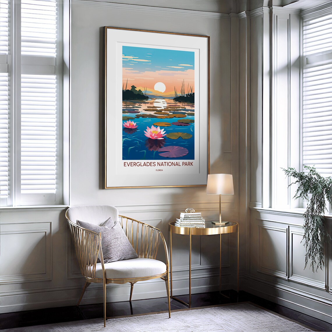 Everglades National Park Florida Water Lilies Sunset Illustration Poster - Image 2