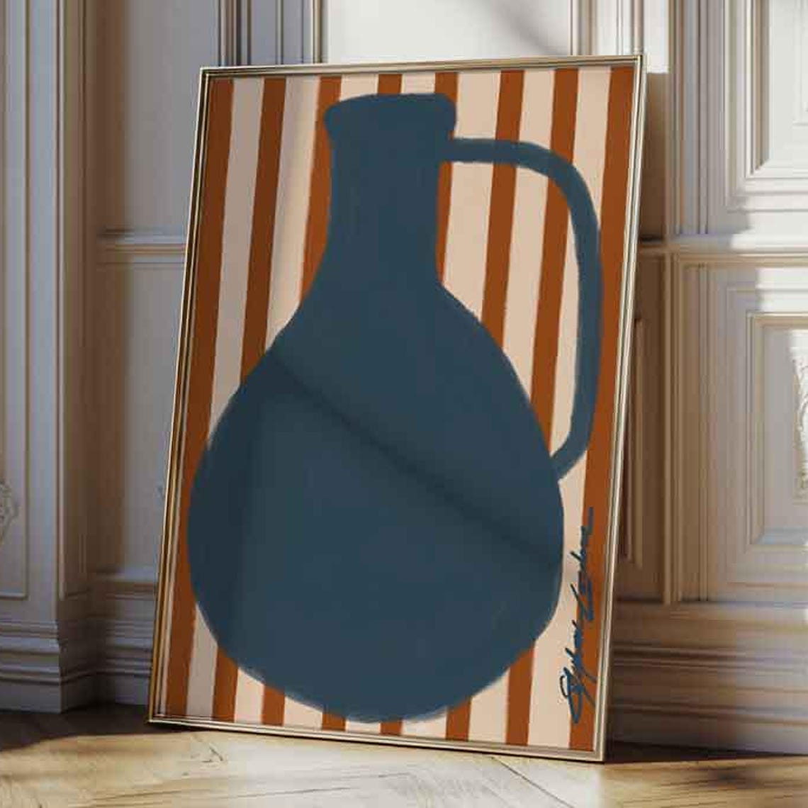 Navy Blue Pitcher Silhouette Striped Orange Modern Abstract Art Poster
