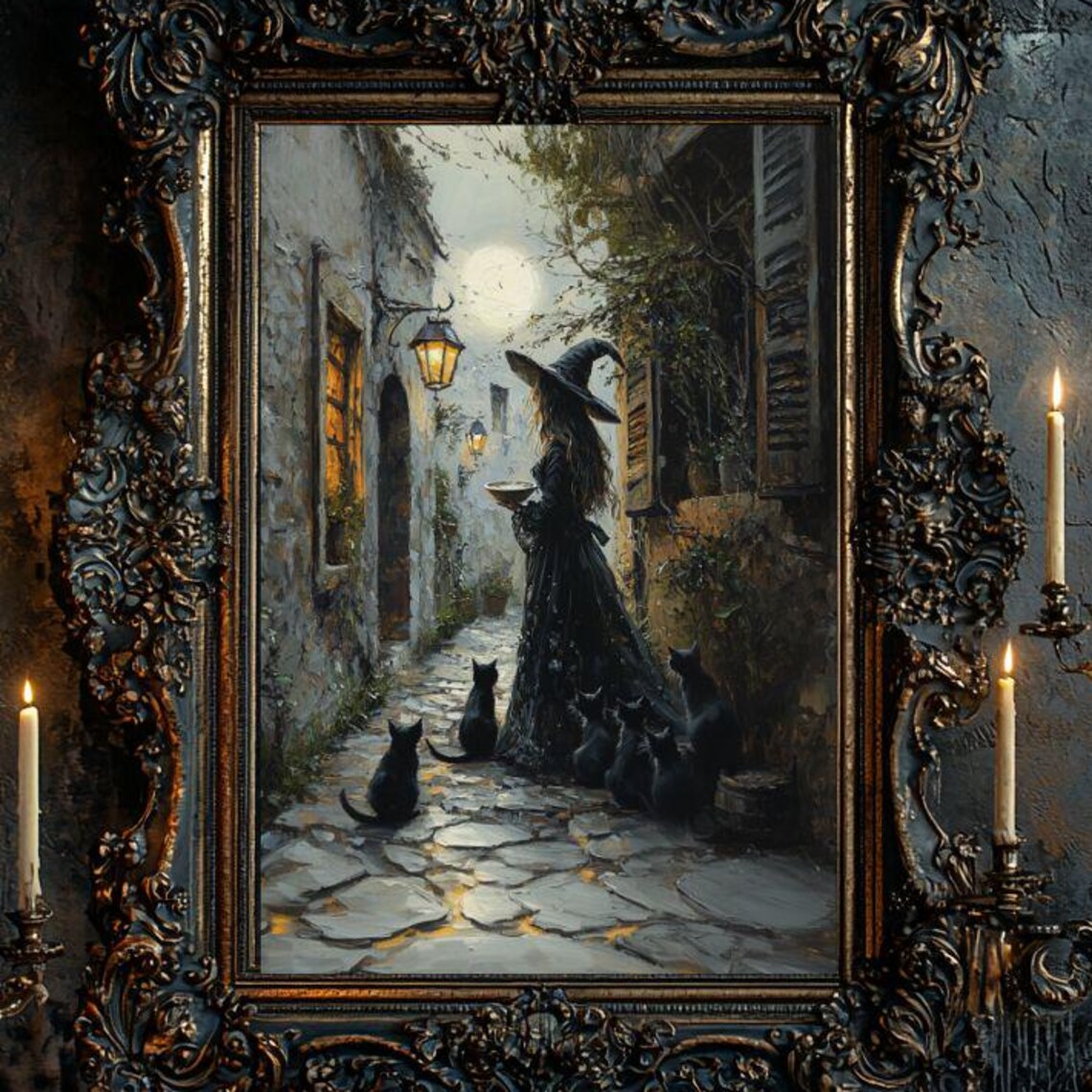 Witch Feeding Cats, Whimsigoth Cat Wall Art Print - Image 7