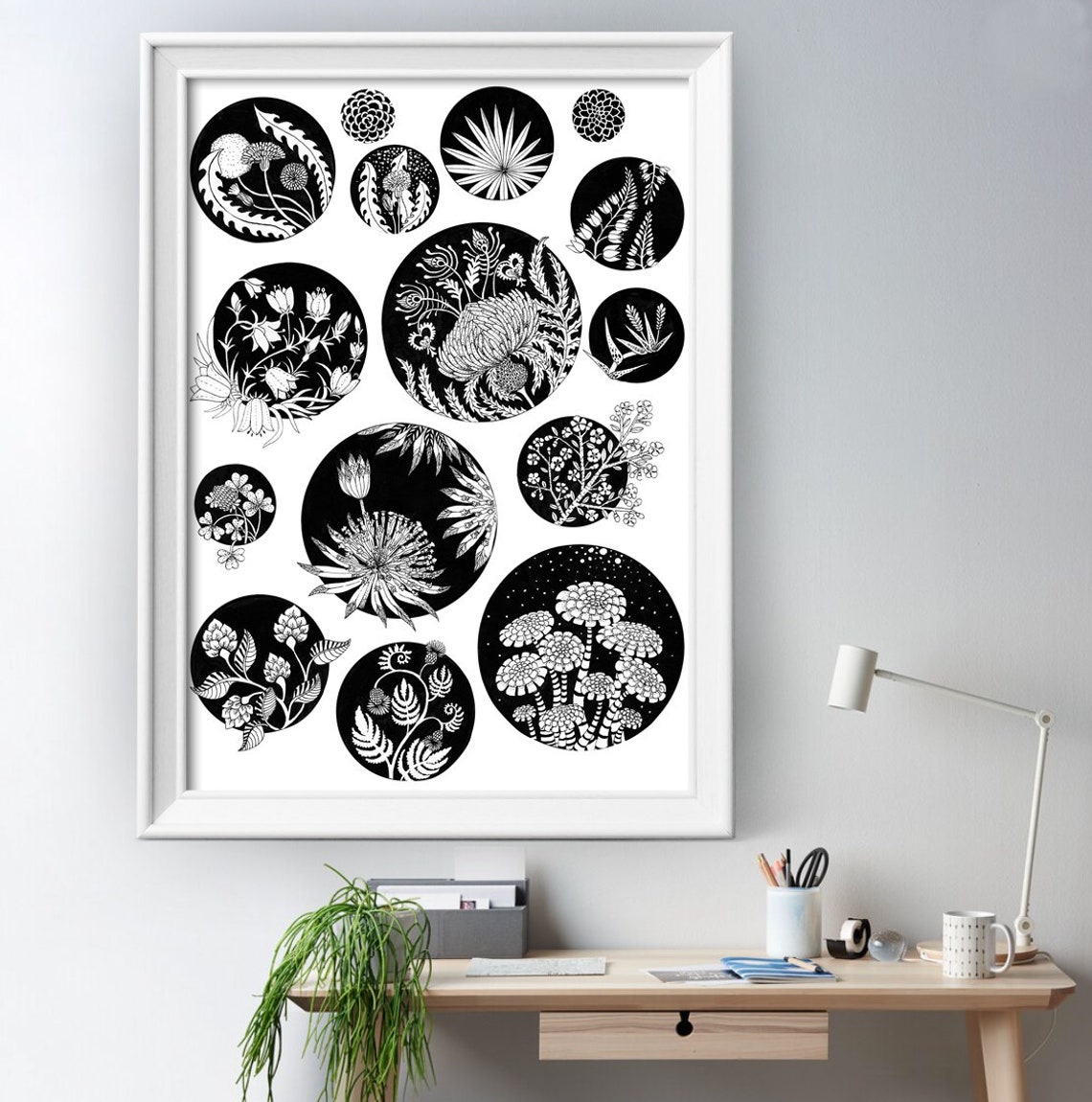 Black And White Botanical Wildflower Circles Graphic Line Art Poster - Image 3