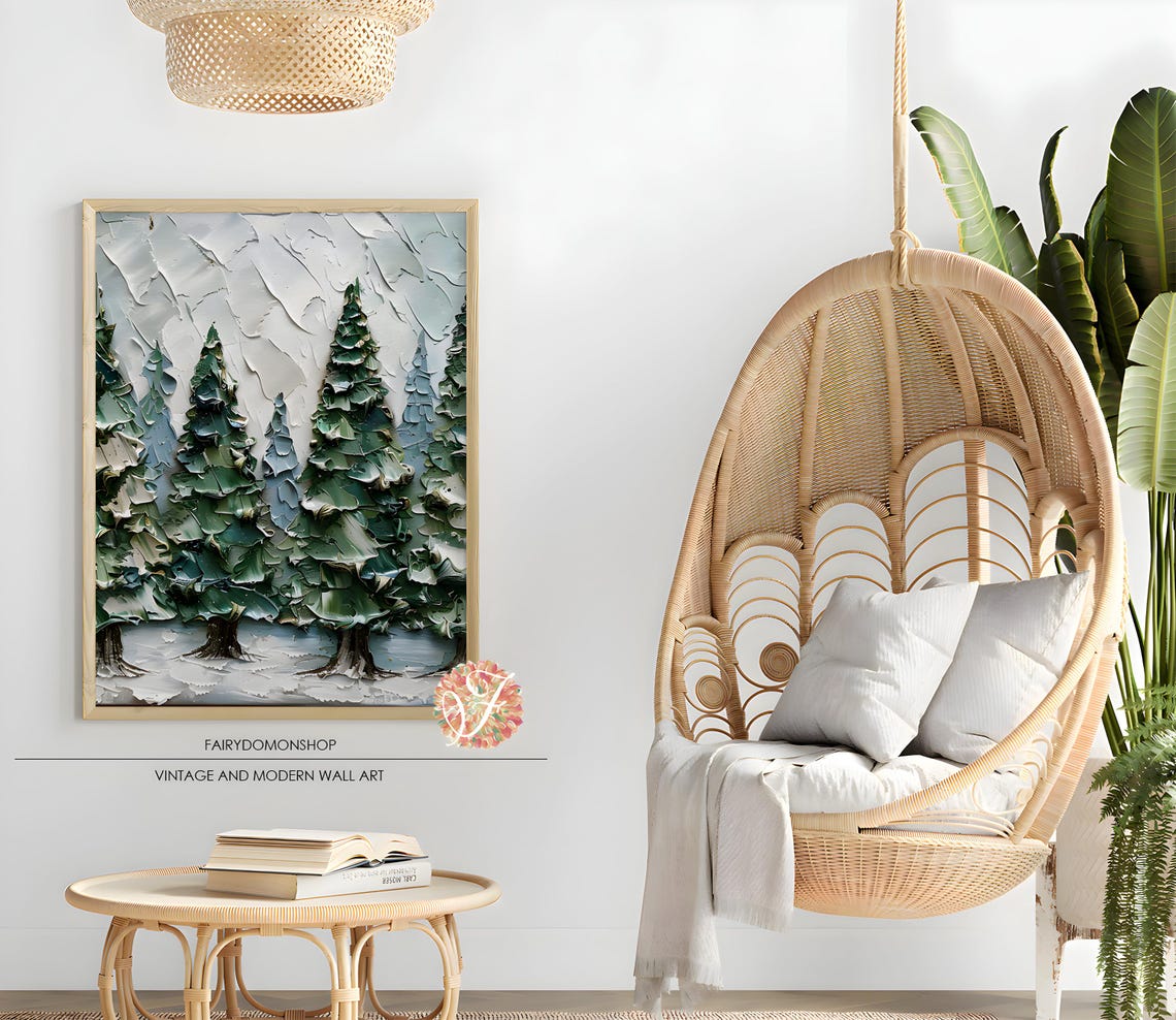 Textured Pine Forest Winter Poster Impasto Snowy Evergreen Trees Decor - Image 2