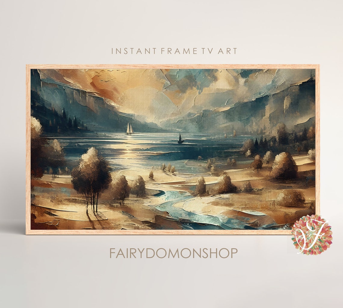 Sailboat Mountain Lake River Valley Landscape Oil Painting Poster