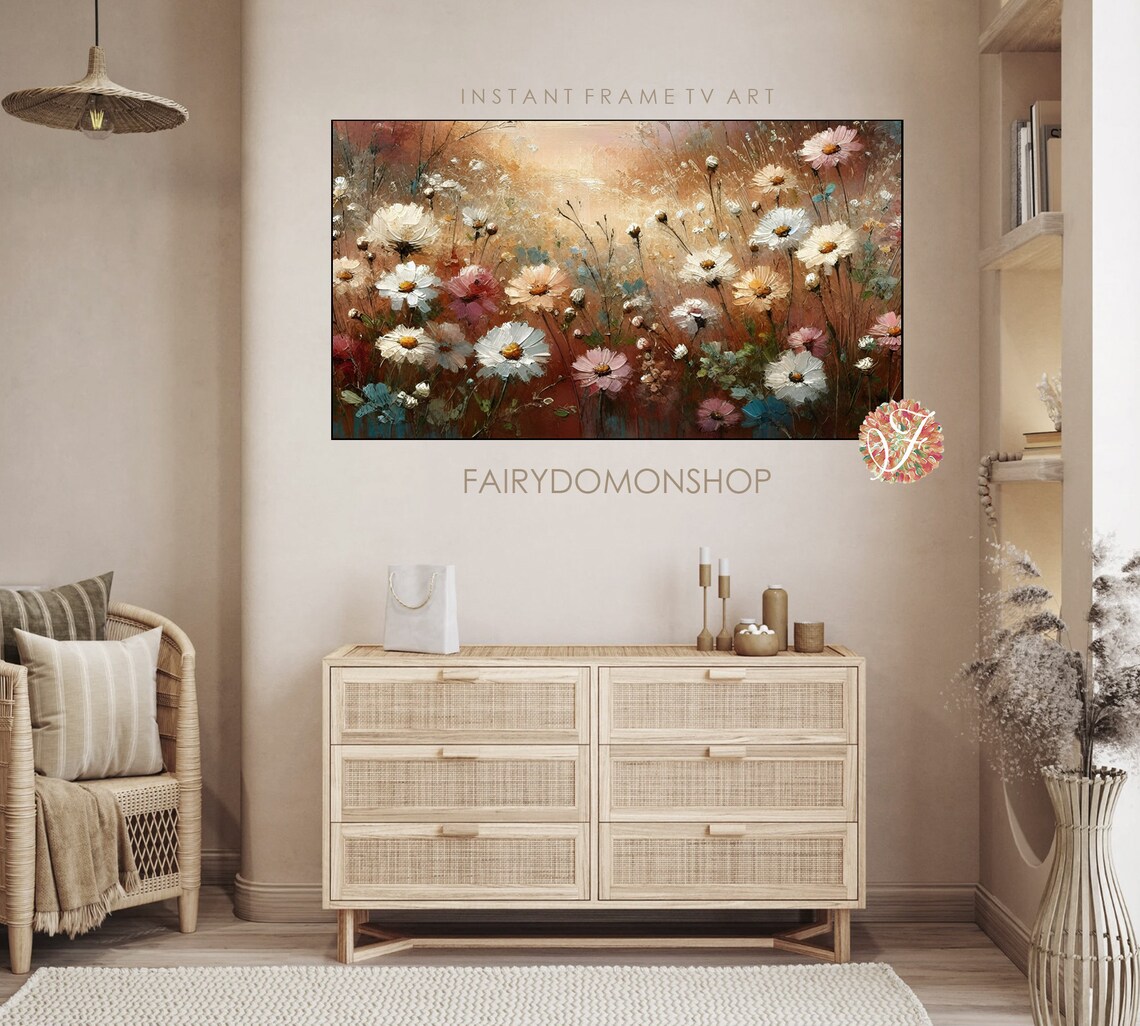 White Daisy Field Warm Golden Light Floral Oil Painting Poster - Image 3