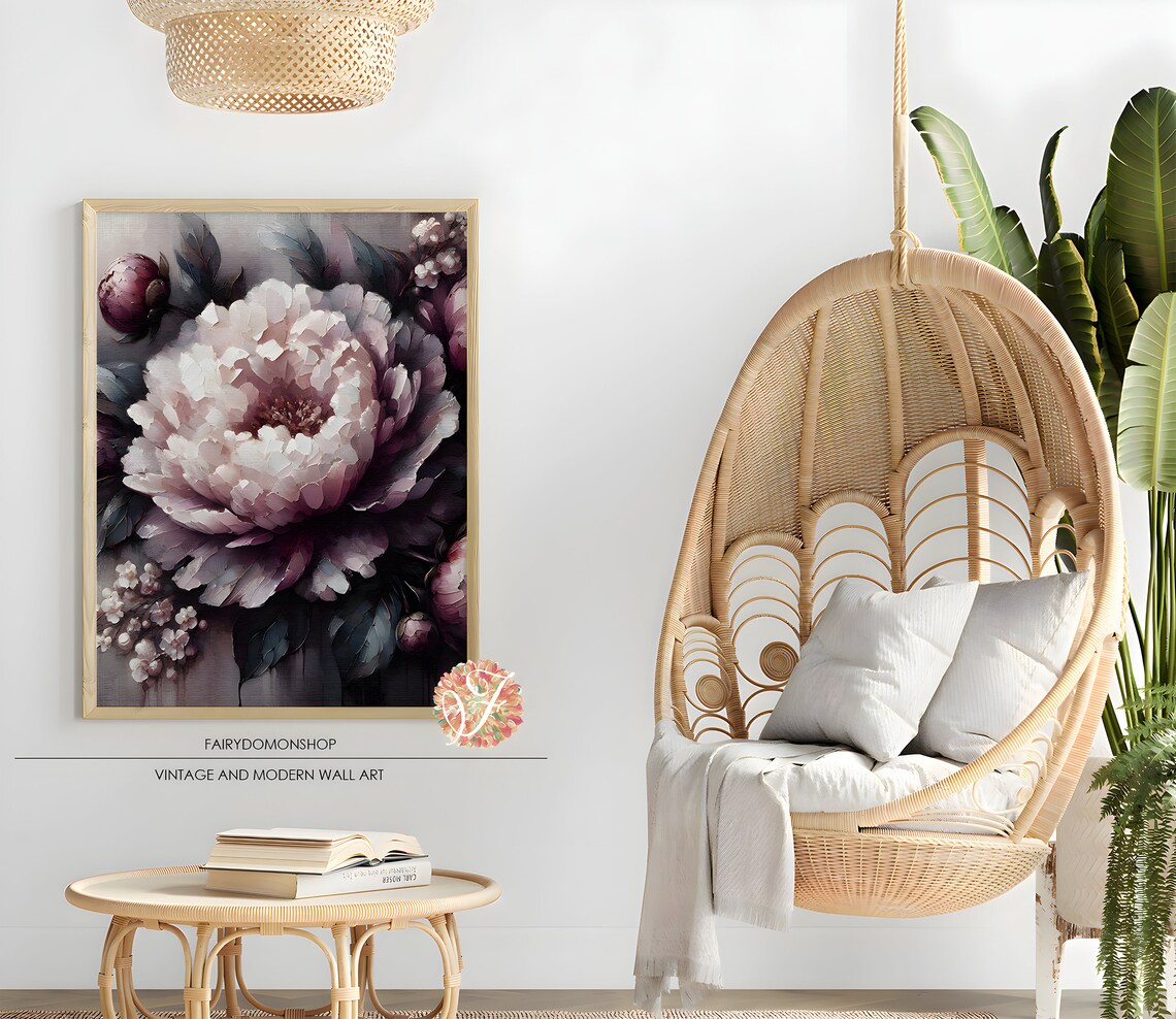 White Peony Bloom Moody Botanical Floral Oil Painting Poster - Image 2