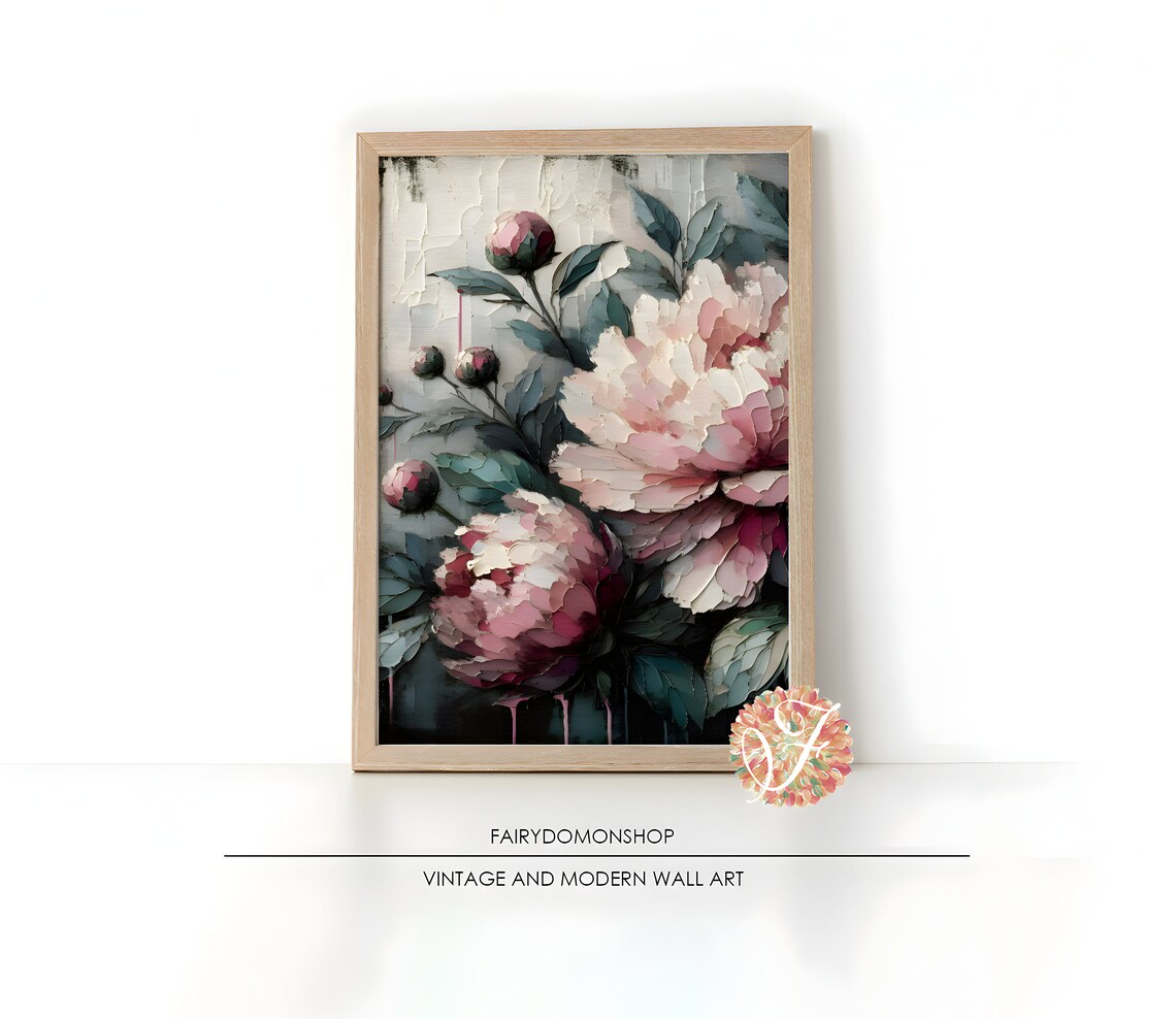 Blooming Pink Peonies Buds Vintage Botanical Oil Painting Poster