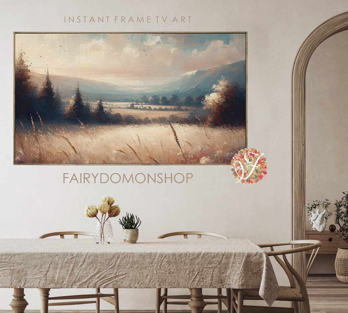 Golden Wheat Field Pines Distant Mountains Oil Painting Poster - Image 2