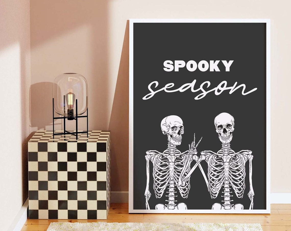 Spooky Season Skeleton Print Art Cute Black Halloween Wall Decor Trendy Halloween Wall Art