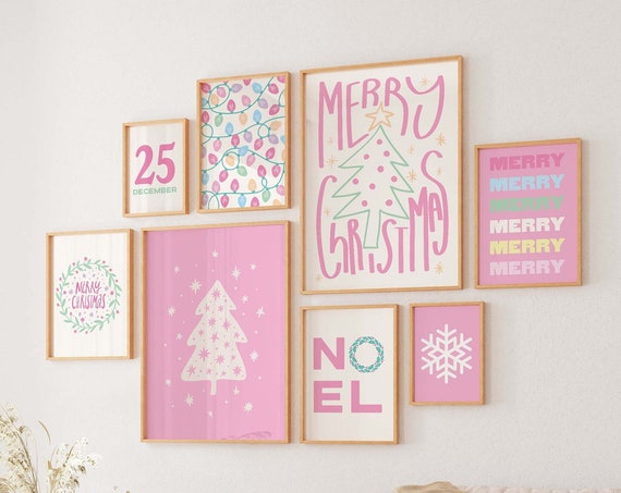 Pastel Christmas Gallery Wall Art 10 Printables Trendy Pink Christmas Prints Cute Pastel Holiday Wall Decorations
