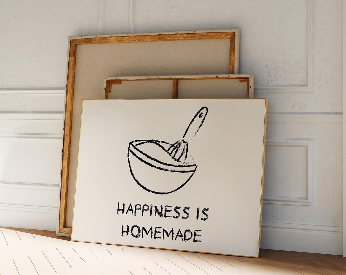 Happiness Is Homemade Black Bowl Whisk Sketch Kitchen Quote Poster