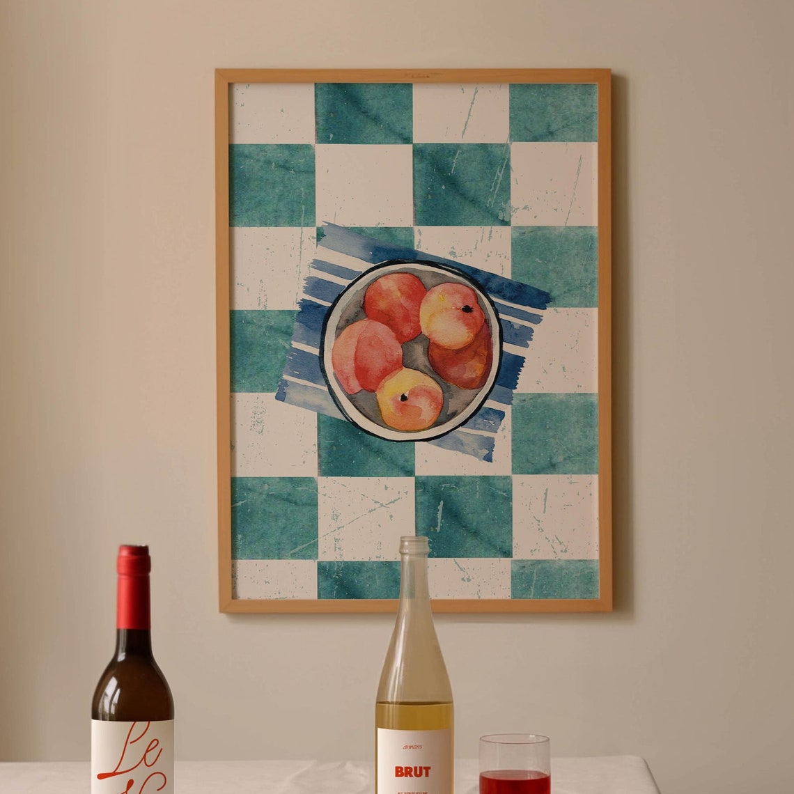 Watercolor Peaches Bowl Blue Checkered Tablecloth Kitchen Art Poster - Image 3