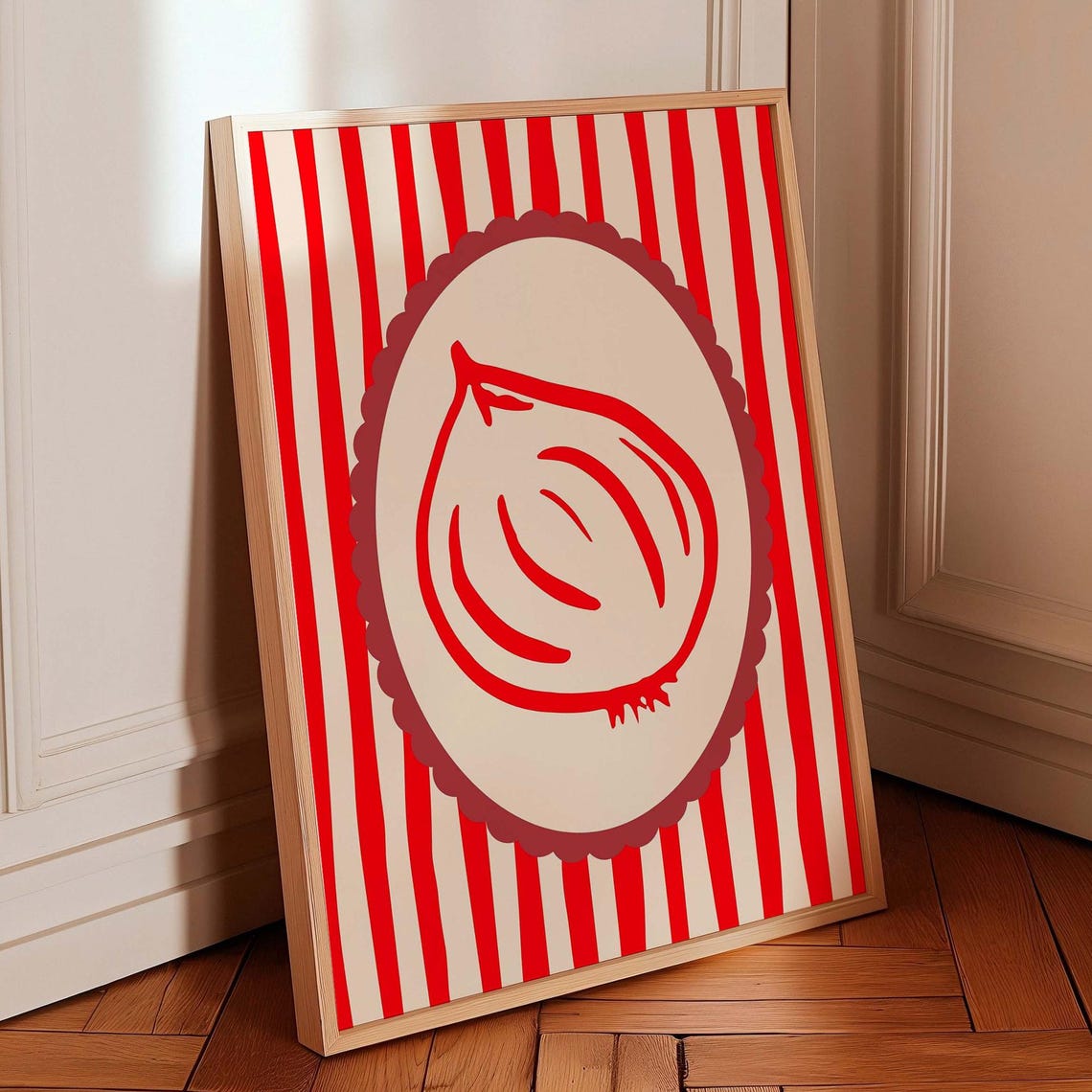 Red Onion Line Drawing Cream Oval Striped Retro Kitchen Poster