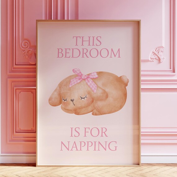Aesthetic Pink Bedroom Wall Art Cute Napping Dog Illustration Minimalist Bedroom Decor Cozy Wall Print Instant