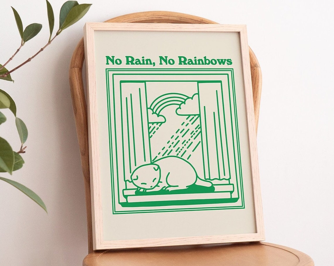 No Rain No Rainbows Minimalist Green Line Cat Window Quote Poster