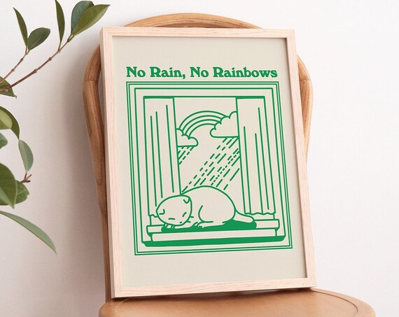 No Rain No Rainbows Minimalist Green Line Cat Window Quote Poster
