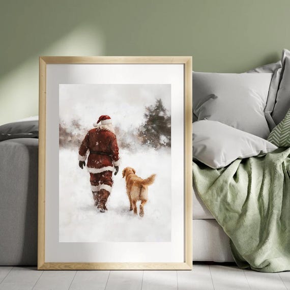Vintage Santa And Golden Retriever Art Print