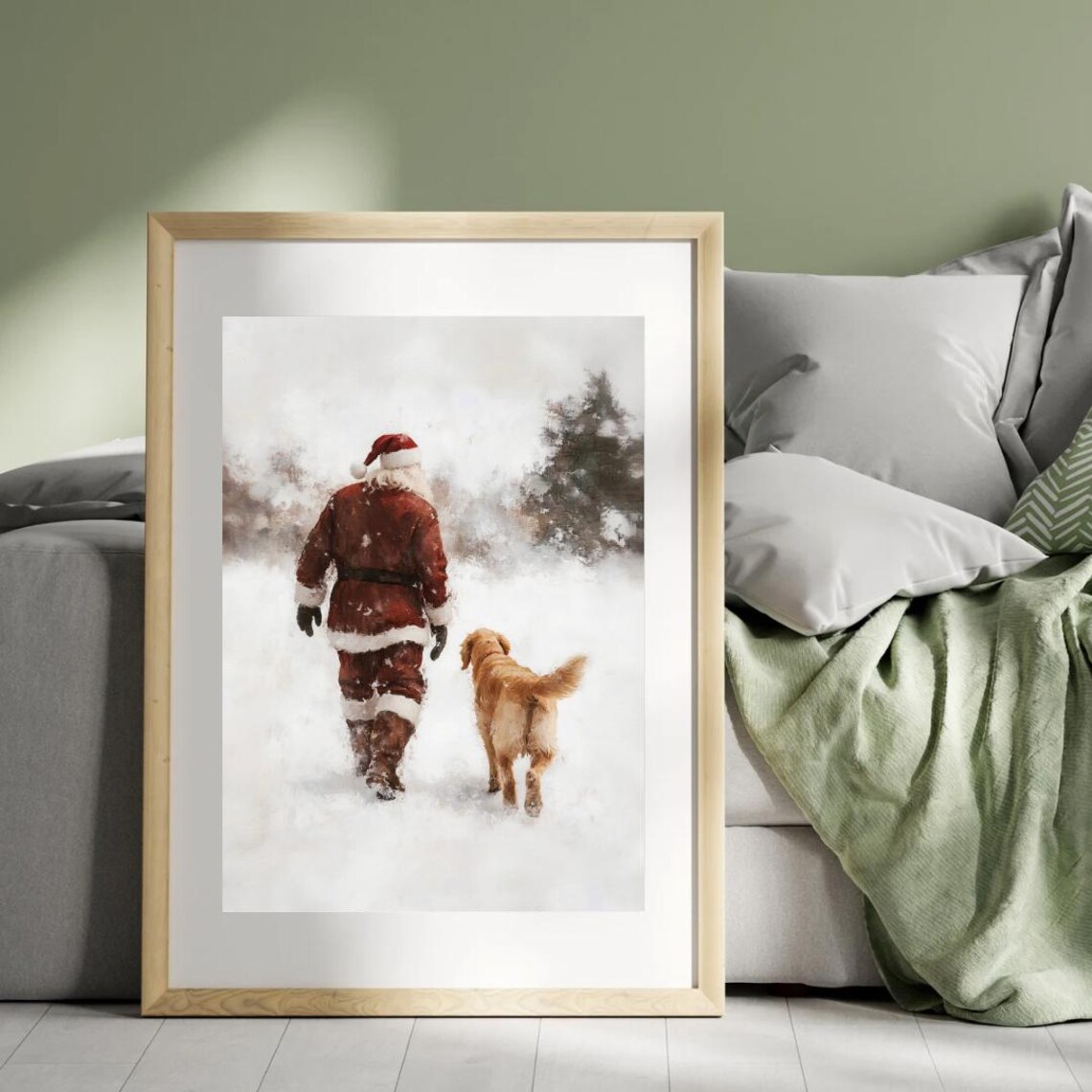 Vintage Santa And Golden Retriever Art Print