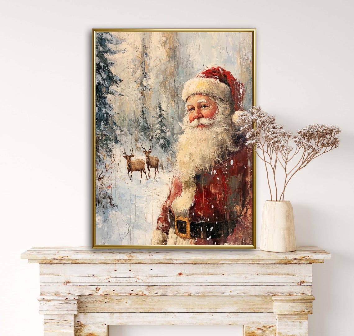 Vintage Santa Claus Snowy Winter Forest Reindeer Painting Poster - Image 5