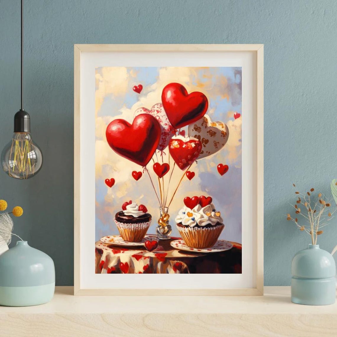 Valentines Day Cupcakes Red Heart Balloons Sweet Treats Art Poster - Image 3