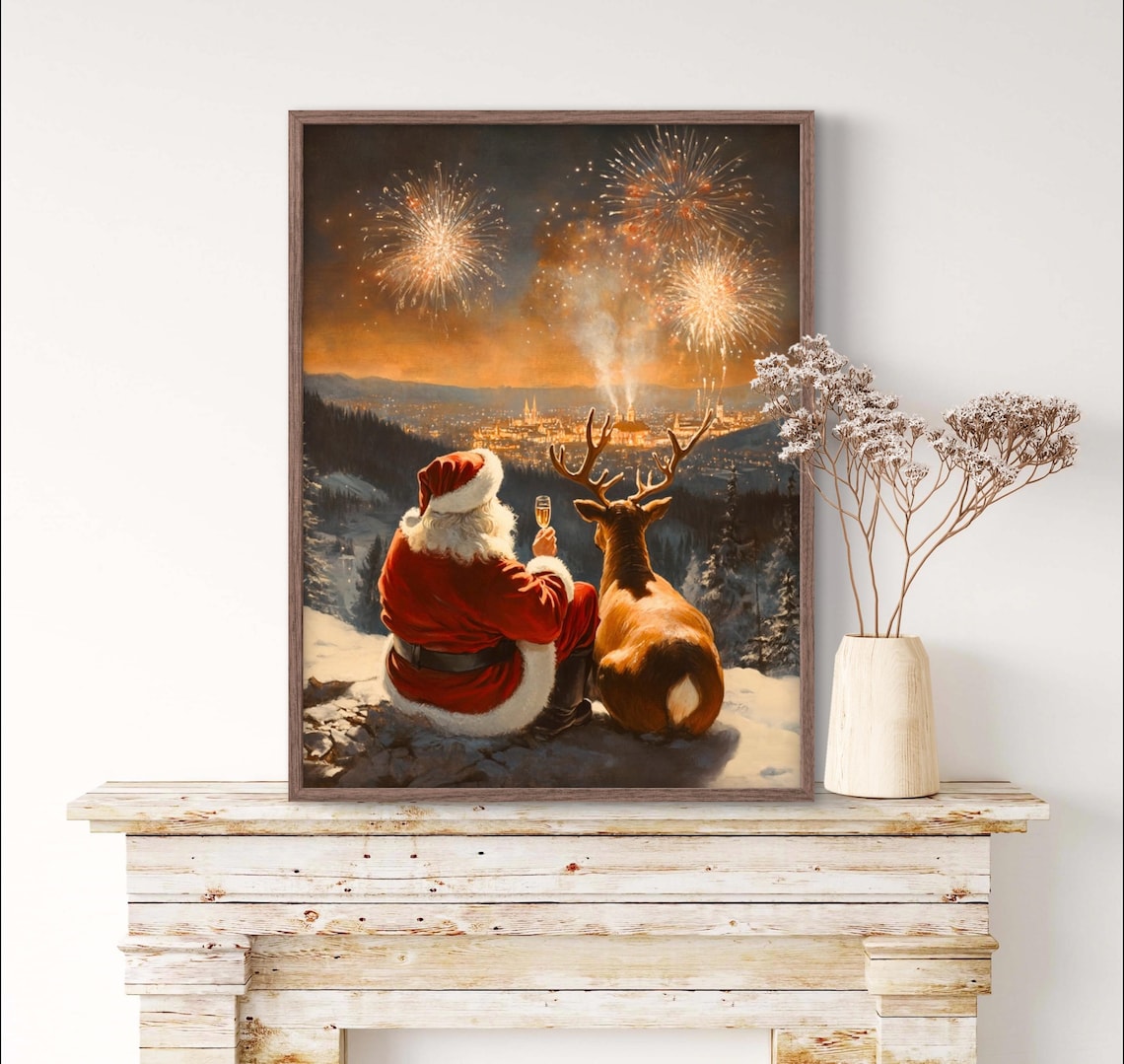 Santa Reindeer Celebrating New Year Art Print - Image 3