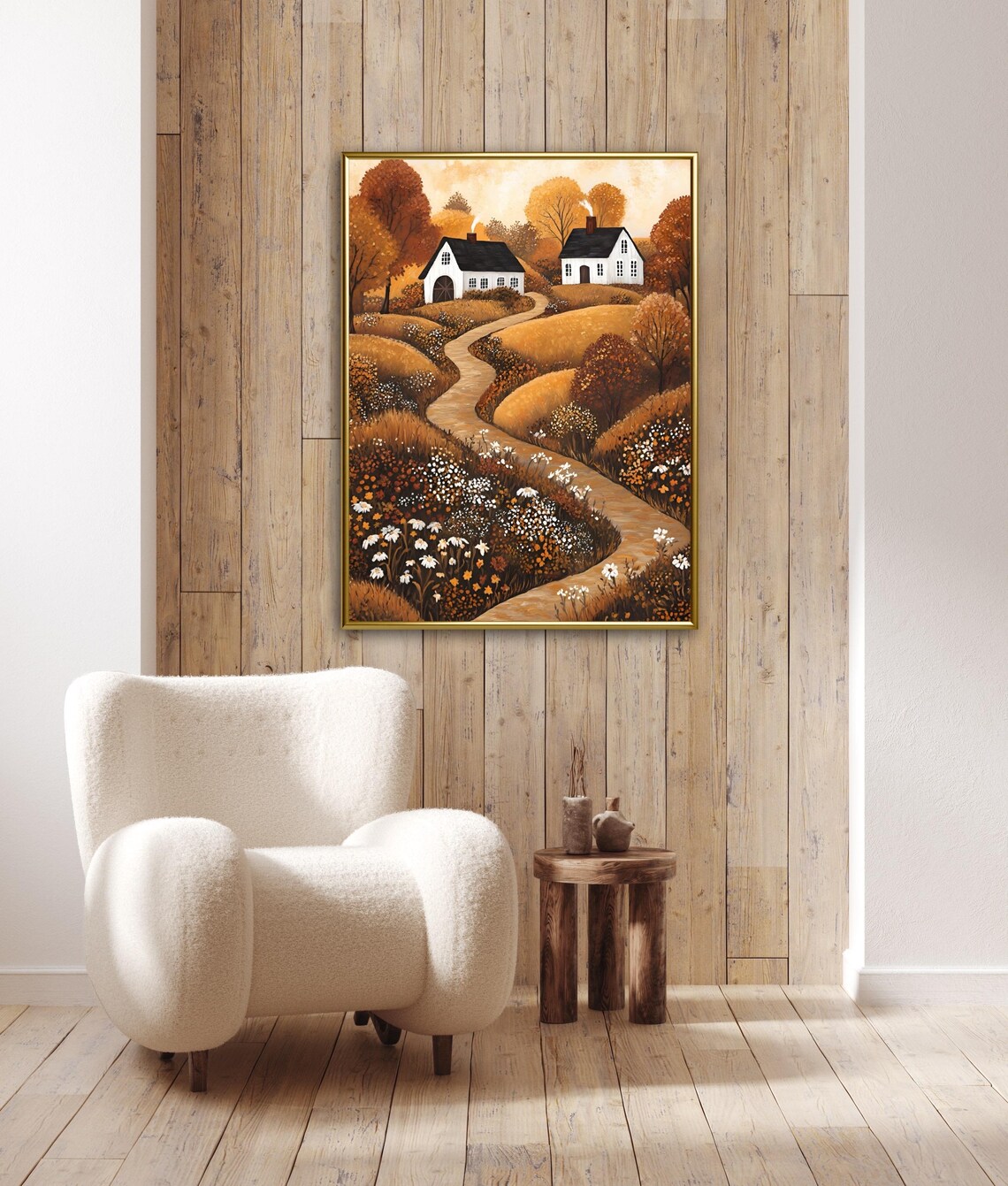 Whimsical Folk Art Autumn Cottages With Wildflower Road Art Print - Image 3