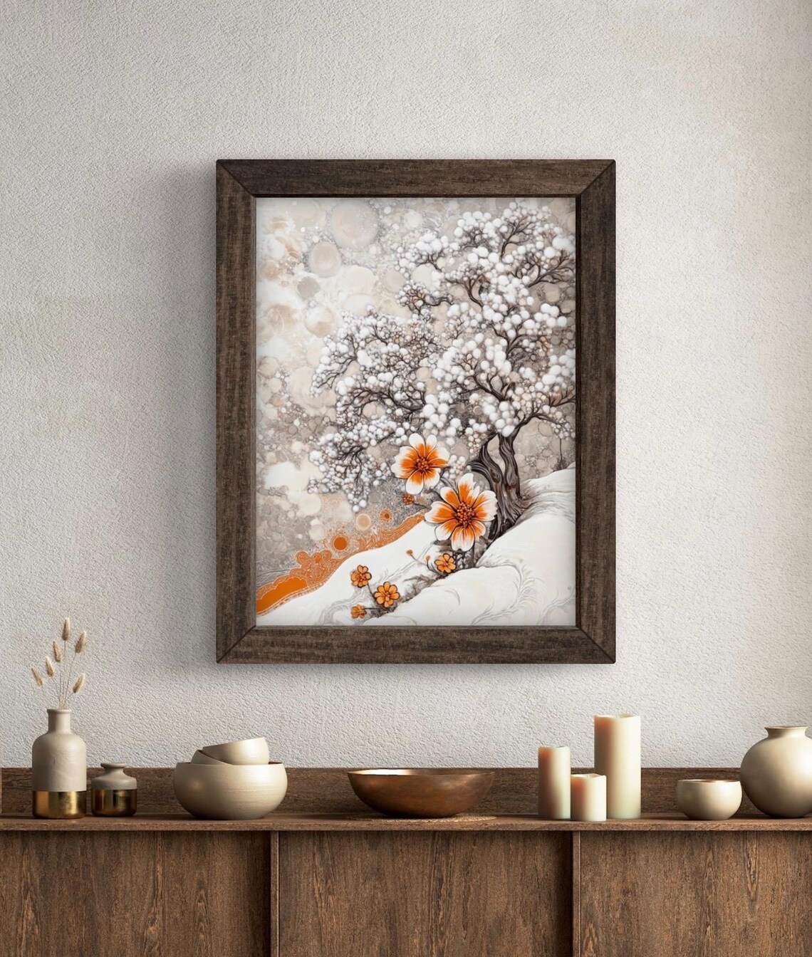 Snowy Blossoming Tree Ink Wash Style with Orange Flowers Winter Wall Art Poster - Image 5