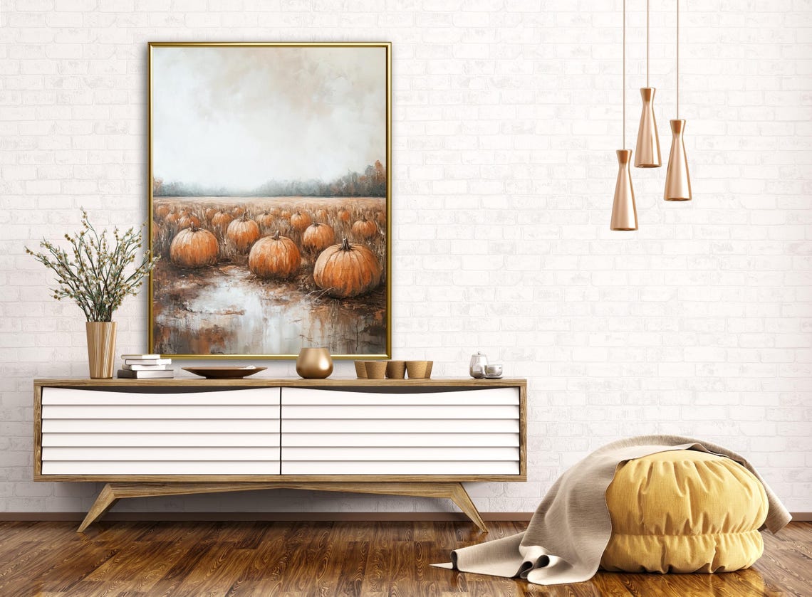 Autumn Tales Pumpkin Patch Misty Field Fall Harvest Art Poster - Image 2