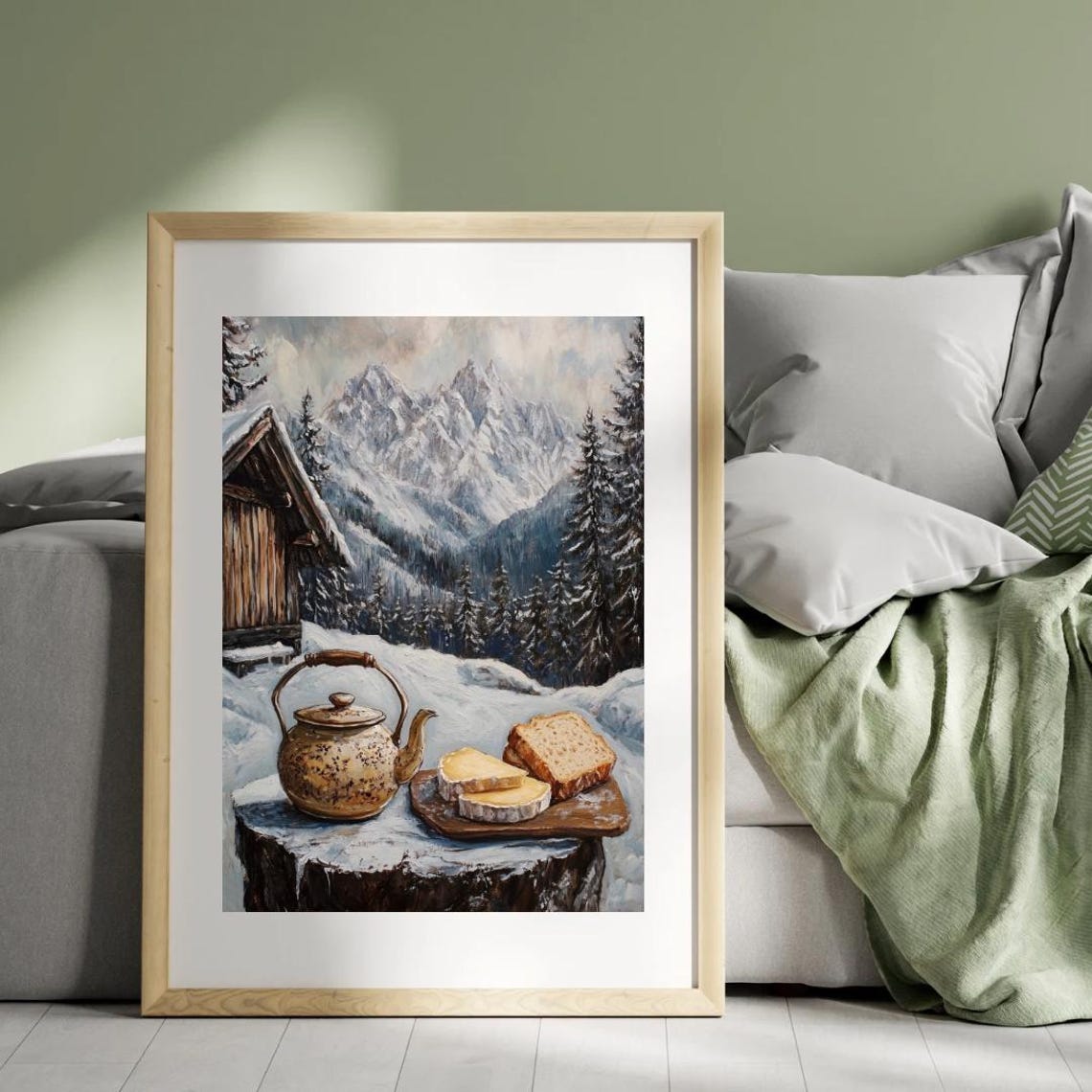 Alpine Tea Time Teapot Bread Cheese Snowy Mountain Art Poster - Image 4