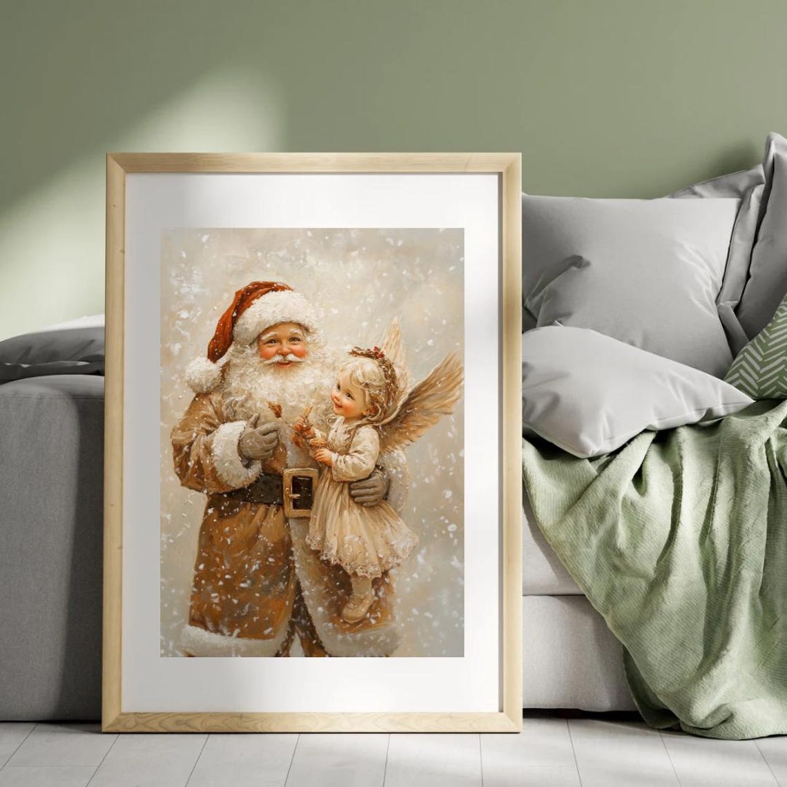 Santa And Christmas Angel Wall Art Print Vintage Christmas Decor Print Beige Earthy Tone Winter Festive Print Angelic Girl - Image 3
