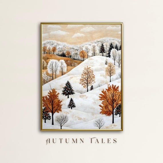 Fall Winter Folk Art Wall Art Print Countryside Snow Covered Forest In Warm Earthy Tone Colors Modern Minimalist Farmhouse Decor