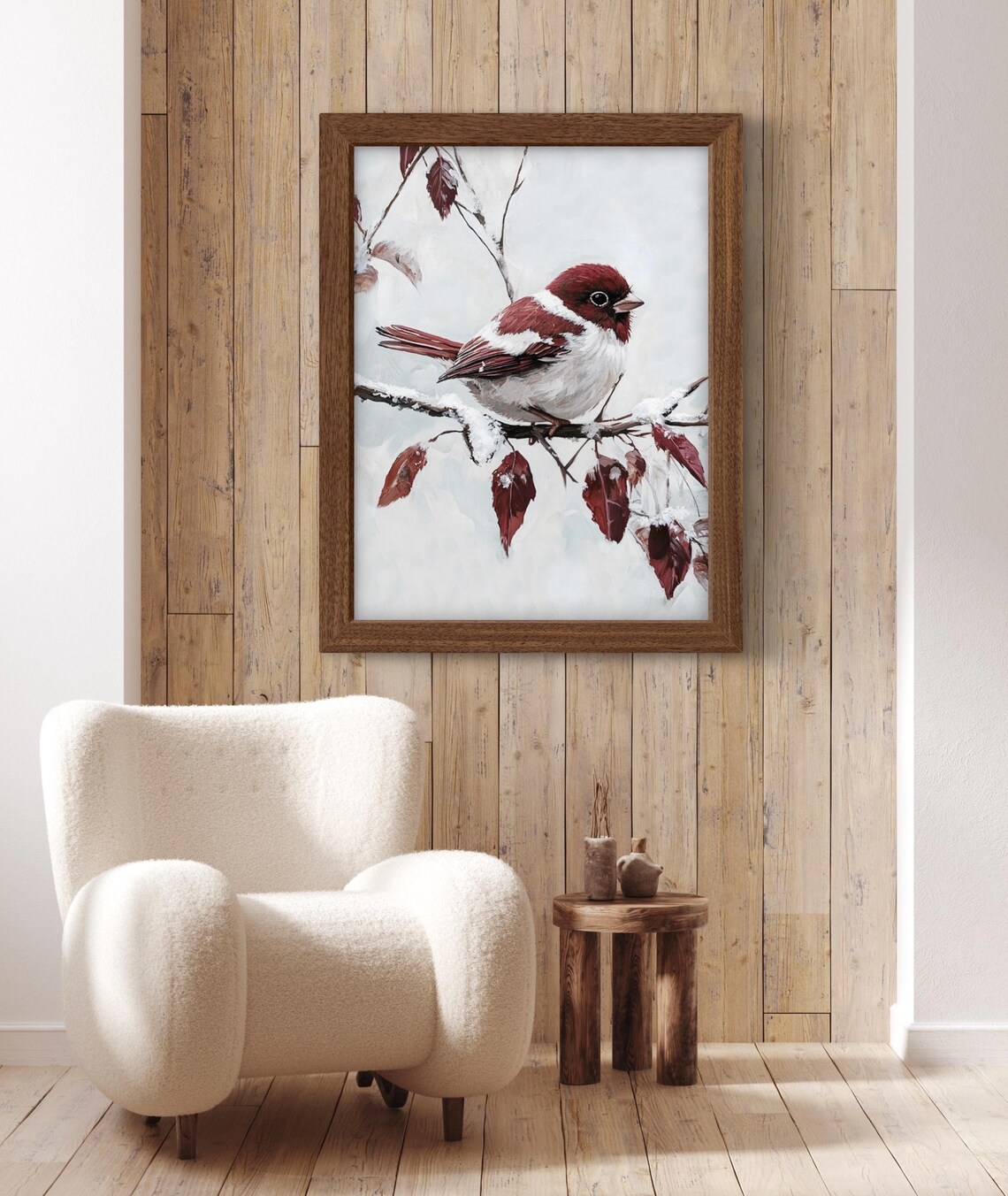 Red Winter Sparrow Art Print, Moody Seasonal Wildlife - Image 2